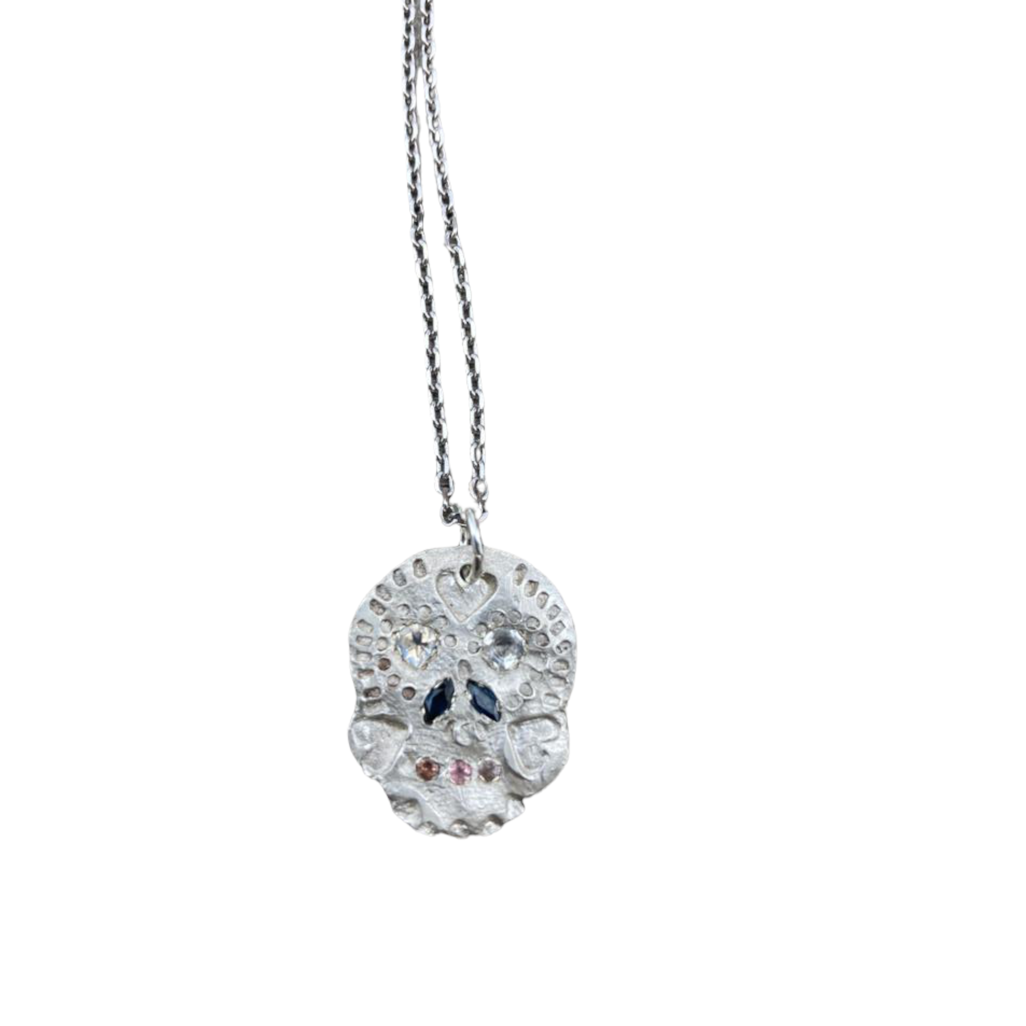 Calaveras Skull Diamond Sapphire Silver Necklace